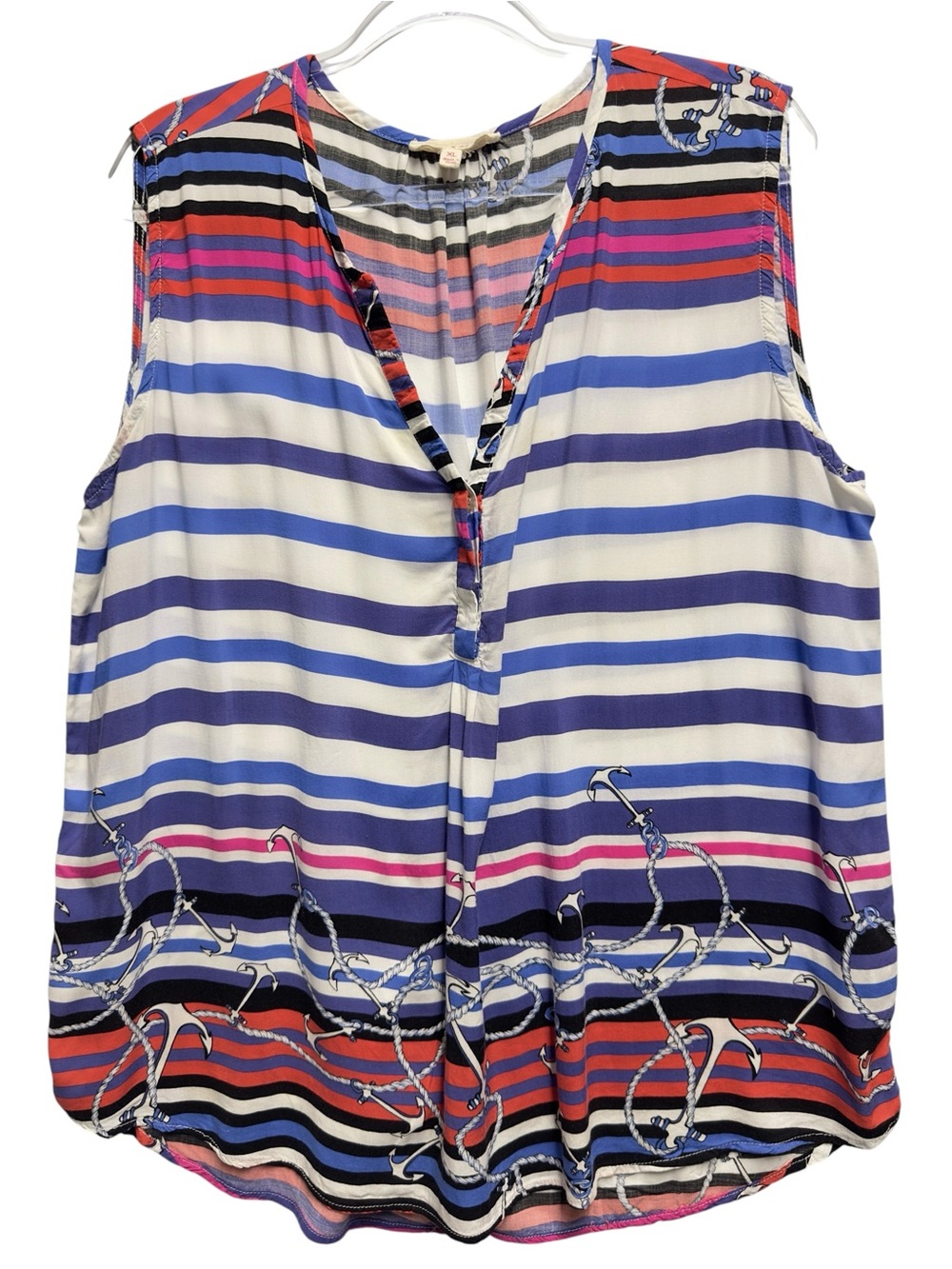 Pure Rayon Knit Chambray Oxford Anchor Rope Striped Shirt Blouse Tank Top